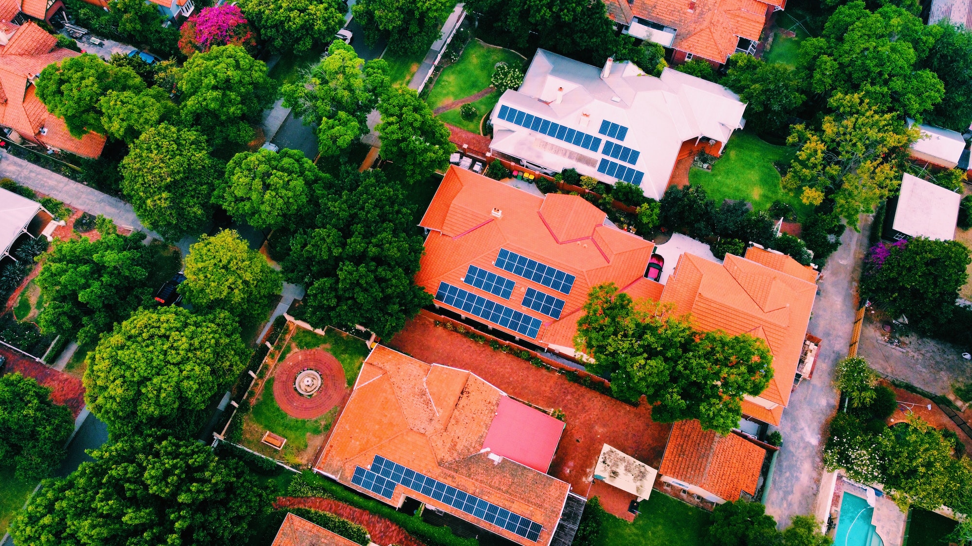 Aerial view of solar panels on the roofs